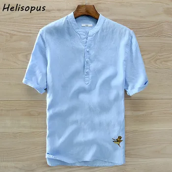 

Helisopus Summer Short Sleeve Linen Shirt Men Chinese Style Embroidery Shirts Vintage Male Top Tees High Quality