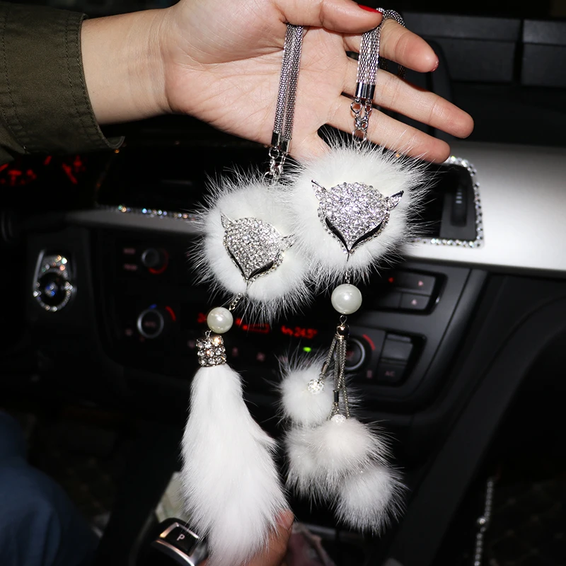 

New Car Pendant Bling Diamond Crystal Fox Fur Ornaments Car Rearview Mirror Hanging for Girls Rhinestone Car Interior Decoration