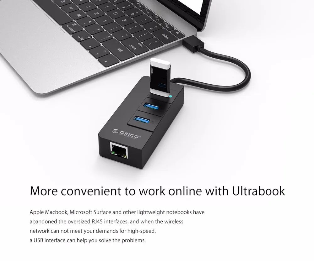 ORICO HR01-U3 3 порта супер скорость USB3.0 концентратор разветвитель с внешним RJ45 Gigabit Ethernet сетевой карты 5 Гбит/с черный для ноутбука