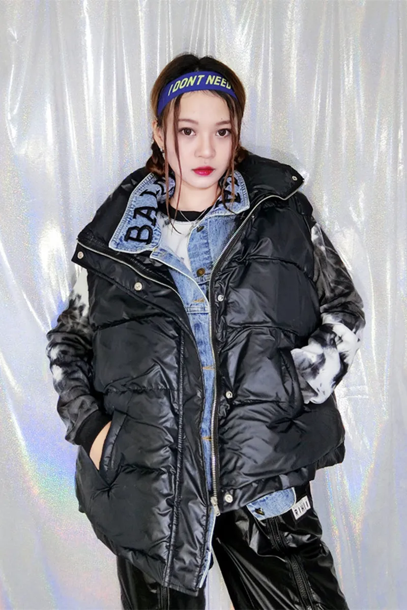 

Winter Girl Vests Embroidery Letters Women's Vest Patchwork Thick Female parkas