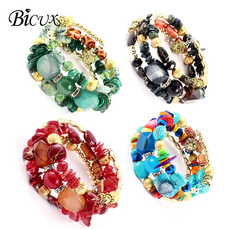 

BICUX Fashion Boho Multilayer Stone Adjustable Charm Bracelets for Women Men Vintage Bohemian Ethnic Resin Bead Bracelet Jewelry