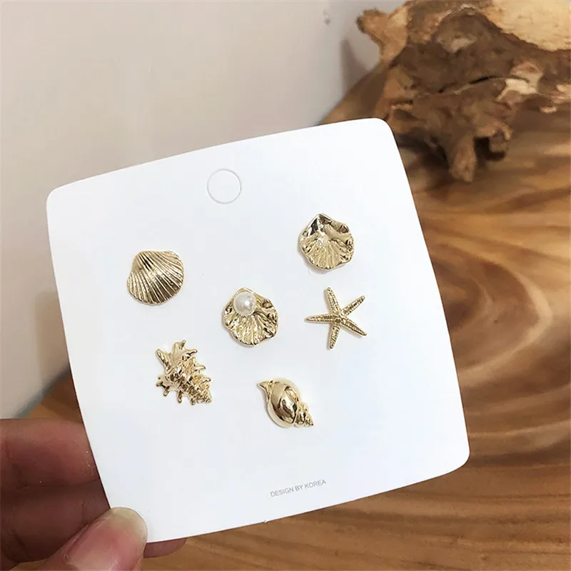 

EARS HIGH Korean 6pcs/set Popular Conch Starfish Shell Metal Stud Earrings For Women Fashion Holiday Boucle D'oreille Femme 2019