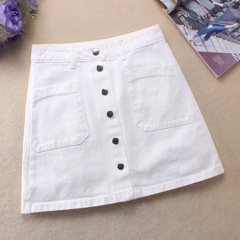 Новинка 2019, женские летние модные джинсовые юбки с высокой талией на пуговицах спереди, мини-белые джинсовые юбки высокого качества