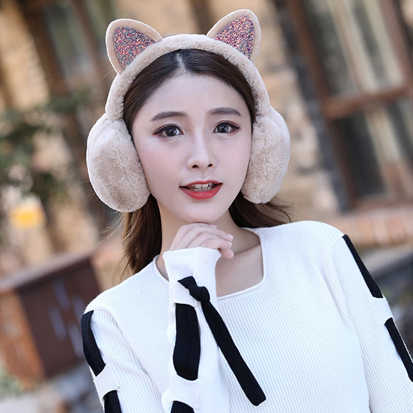 Winter New Ladies Girls Winter Plush Ear Pad Glitter Cat Earmuffs Headband Warmer Outdoor Cute Earmuff