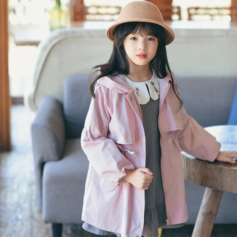 

girls jackets and coats 2018 autumn kids clothes solid hooded girls trench jacket long section candy color girls outwear 2-7T