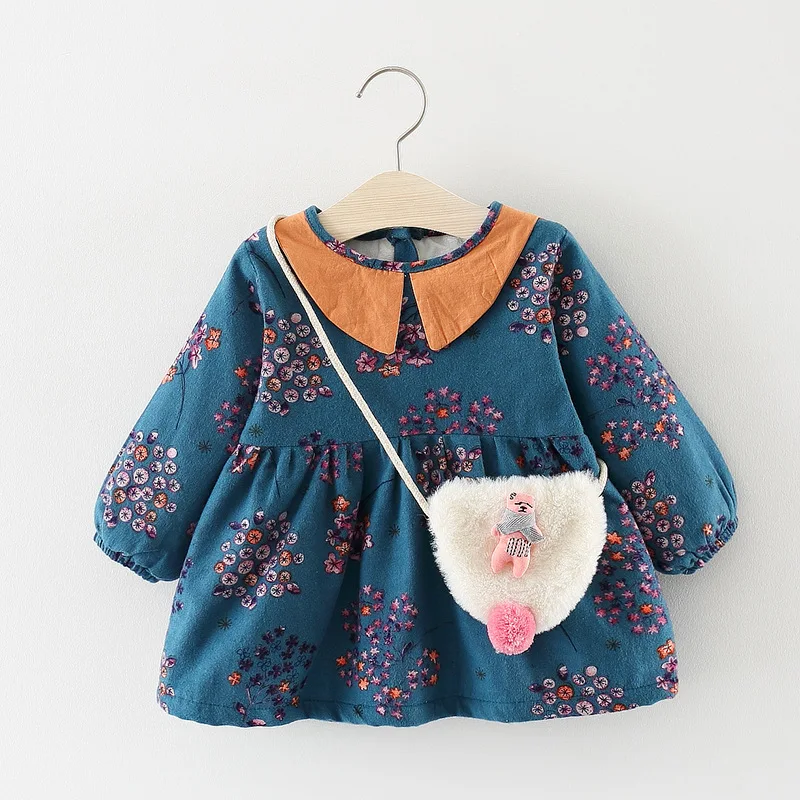 

2019 winter Baby girls Dress clothing Kids girls fashion floral print velvet thick cotton Dress with Bag 1-3 Years !