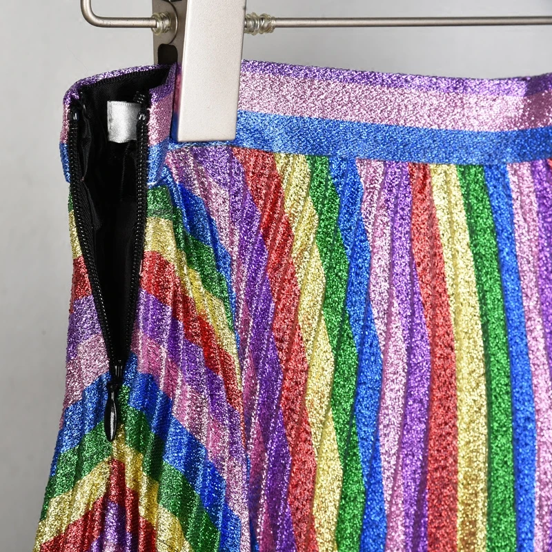 2018-Spring-Summer-Women-Luxury-Gold-Threads-Rainbow-Striped-Pleated-Skirts-High-Waist-Glitter-Long-Skirts