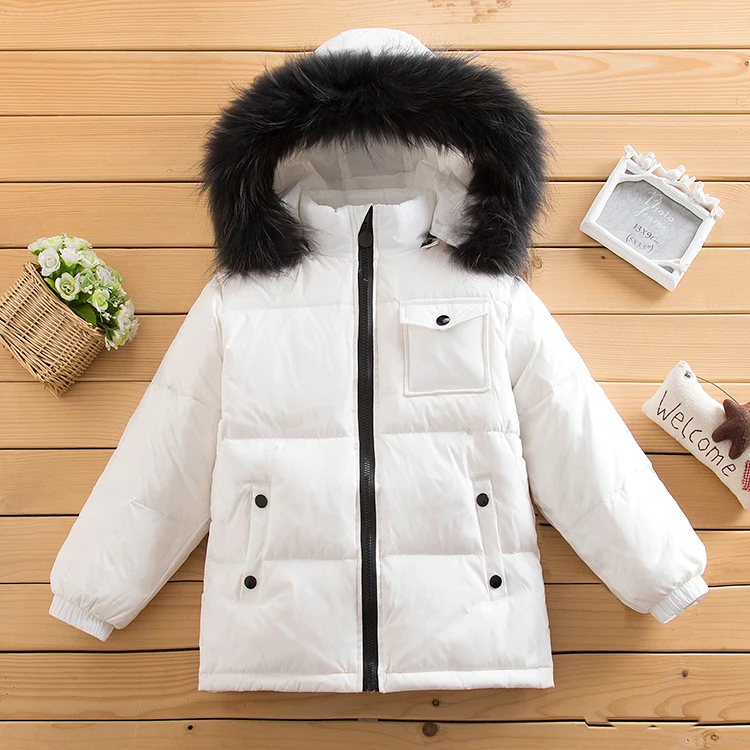 90% г. Зимняя куртка-пуховик парка с воротником из меха енота для девочек и мальчиков, пальто детская зимняя одежда для маленьких девочек - Цвет: White Black