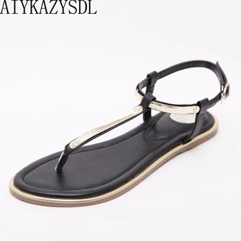 

AIYKAZYSDL Gladiator Bohemian Sandals Flip Flop Metallic Sequined Ankle Strap Flat Heel Shoes Summer Woman Thong Flats Plus Size