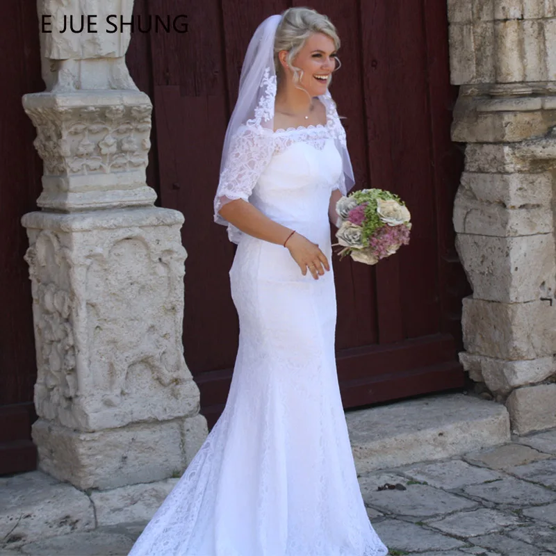 E JUE SHUNG белые кружевные свадебные платья русалки с открытыми плечами и половинными рукавами, пляжные свадебные платья, свадебное платье, vestidos de novia
