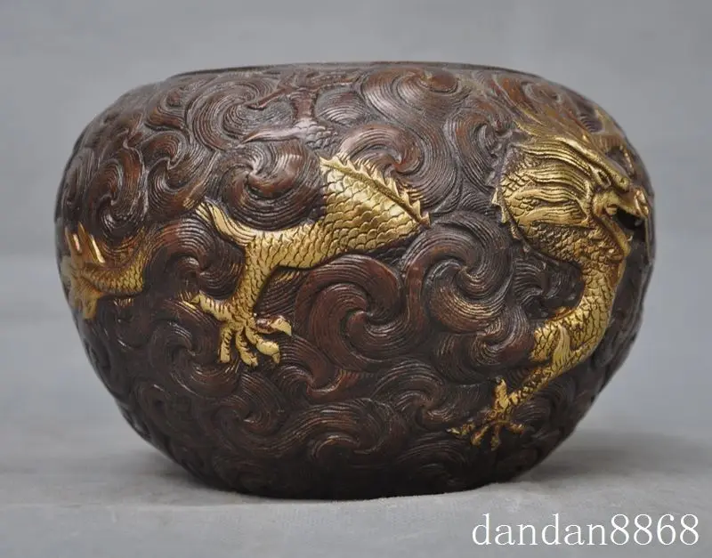 

christmas chinese fengshui bronze gilt Double Dragon statue Tanks Crock pot bottle jar halloween