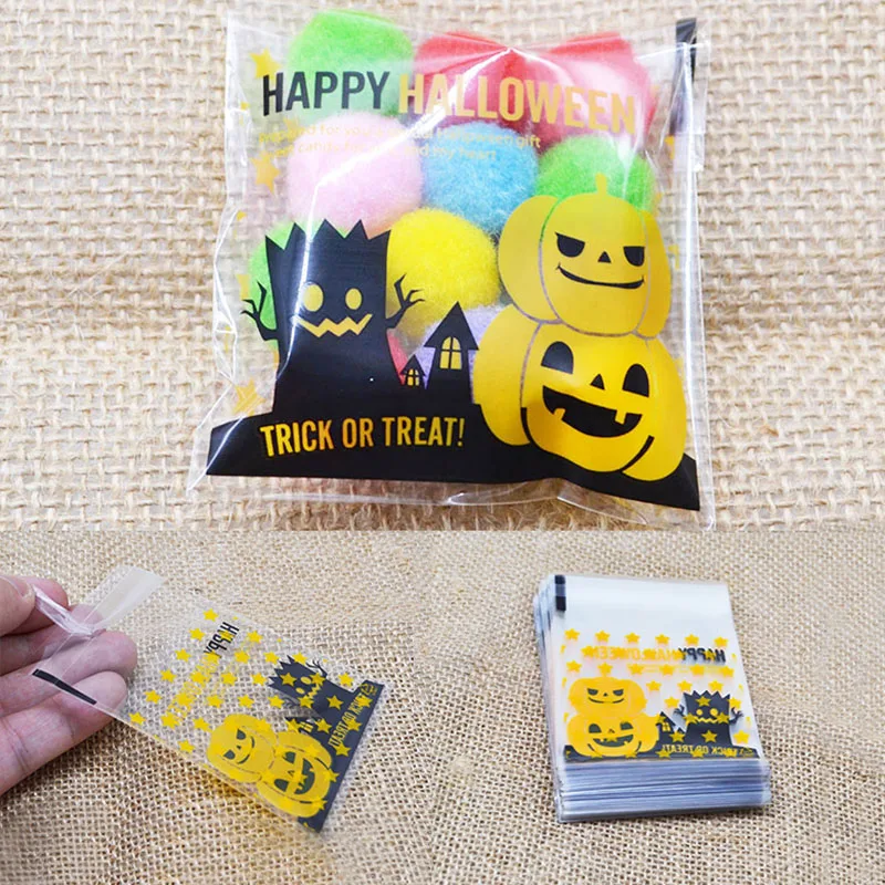 

7*7cm Halloween Yellow pumpkin Gifts Bags Plastic Clear DIY Candy Cookies Birthday Party Craft Bag Trick or Treat Packaging Bags