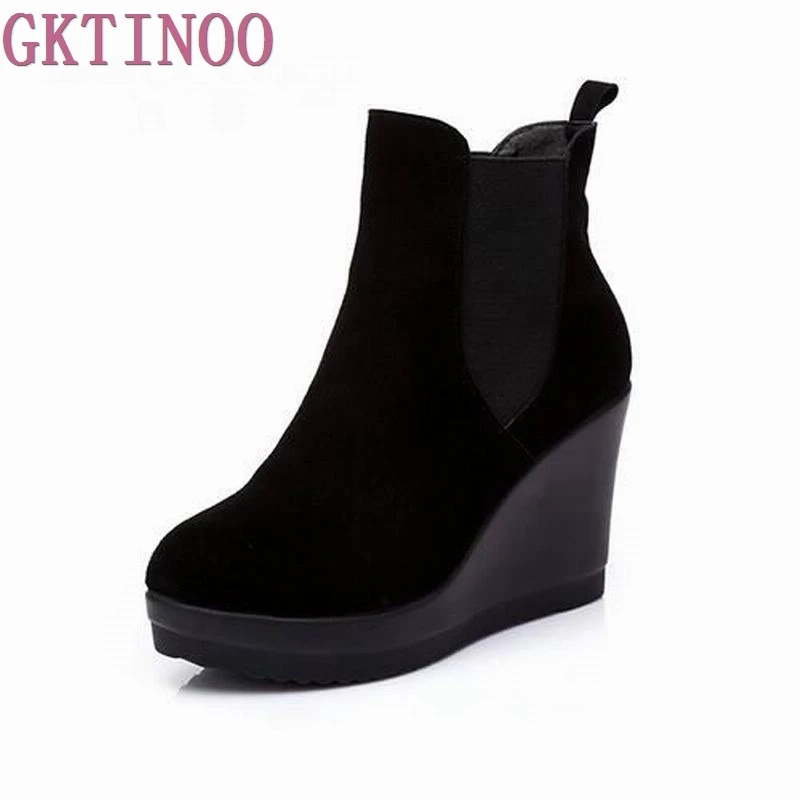 Mujeres Otoño Mujer Gktinoo Tacón Cuero Las With Negro invierno Genuino black Para Cuñas Tobillo Botas Fur Estilo Zapatos De wvqOw1Y