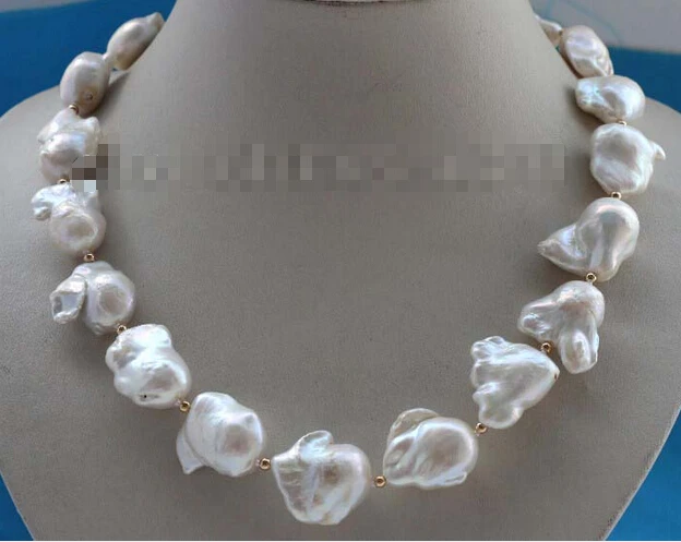 

shipping Genuine Natural 24mm White Baroque Reborn keshi Pearl Necklace 14k #f2299