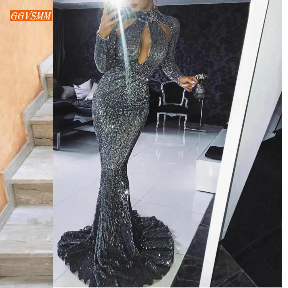 Luxury Slim Fit Gray Mermaid Evening Dresses Long 2019 Sexy Reflective Formal Dress Women High-Neck Bling Sequined Evening Gowns Luxury Slim Fit Gray Mermaid Evening Dresses Long 2019 Sexy Reflective Formal Dress Women High-Neck Bling Sequined Evening Gowns