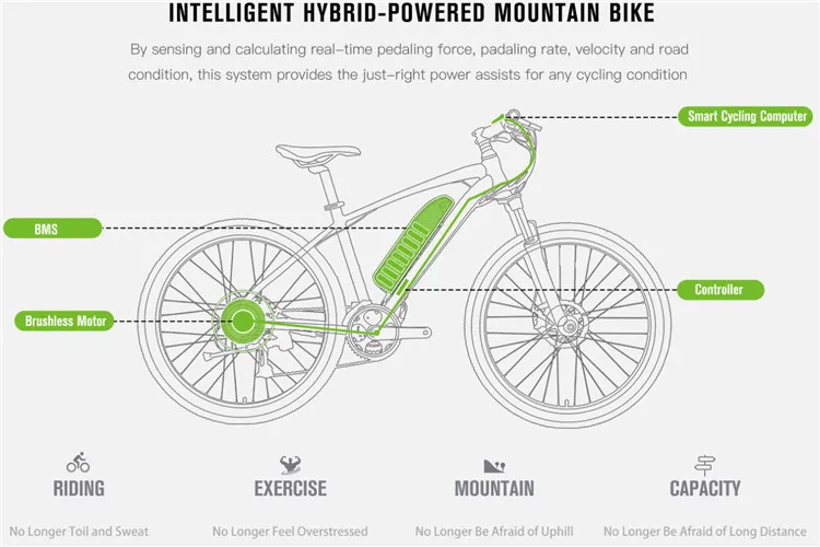 26 дюйм(ов) Смарт-Электрический горный велосипед 36 В литий-ионный аккумулятор 250 Вт привода 27 скорость подвеска Электрический горный Ebike