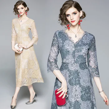 

womens woman ladies Designer summer sexy V-neck lace Floral runway slim Casual office work party Swing midi wear dress for owmen