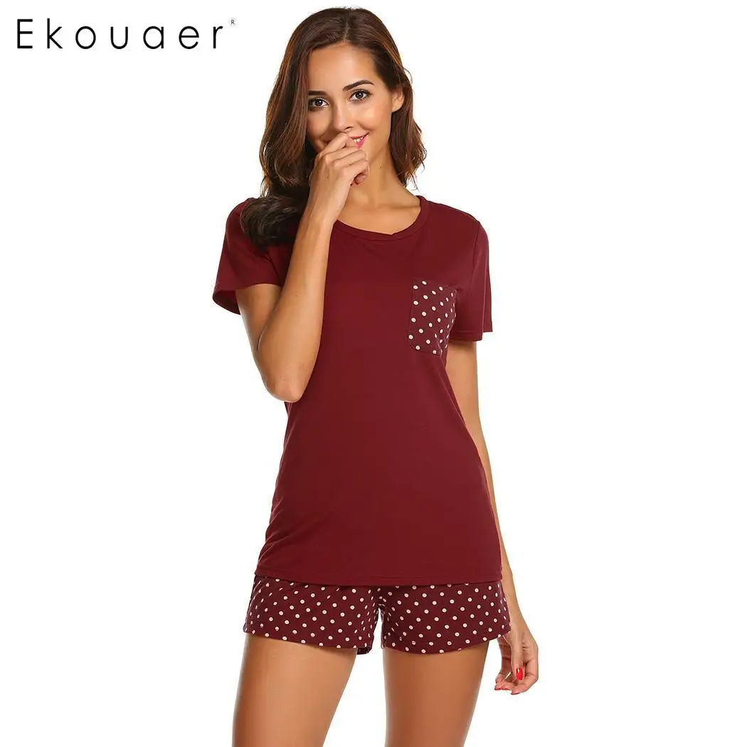 Ekouaer Women Sleepwear Pajamas Sets O-Neck Short Sleeve Tops Dot Pocket Shorts Pajamas Set Ladies Casual Home Nightwear - Цвет: wine red