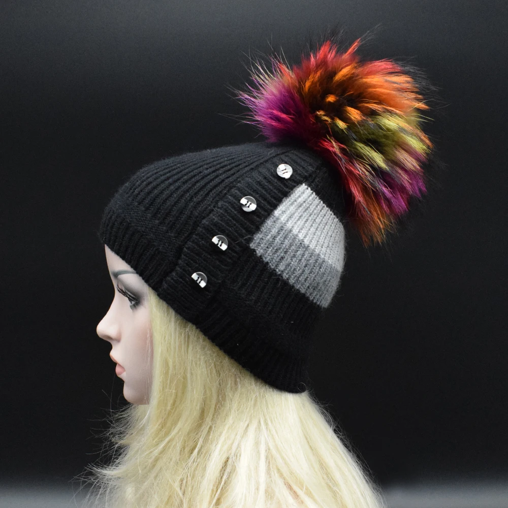 2017 Winter New Real Raccoon fur colour pompoms winter hat for women girl s wool hat