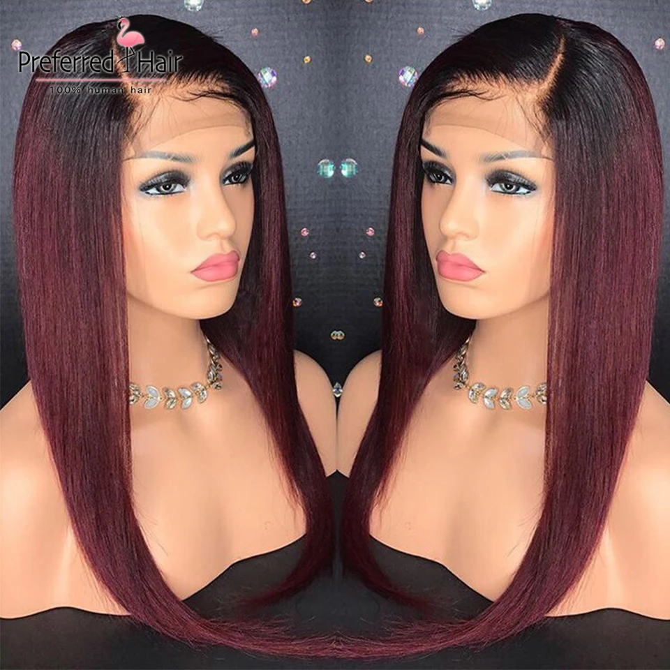 Preferred 1B/99J Burgundy Lace Front Wig With Baby Hair Straight 13x6 Ombre Human Hair Wig Remy Brazilian Wigs For Black Women