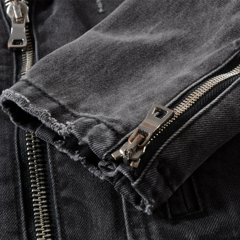 European American Fashion Men Jacket Black Destroyed Ripped Denim Jacket Men Brand Coats Streetwear Designer Zipper Biker Jacket