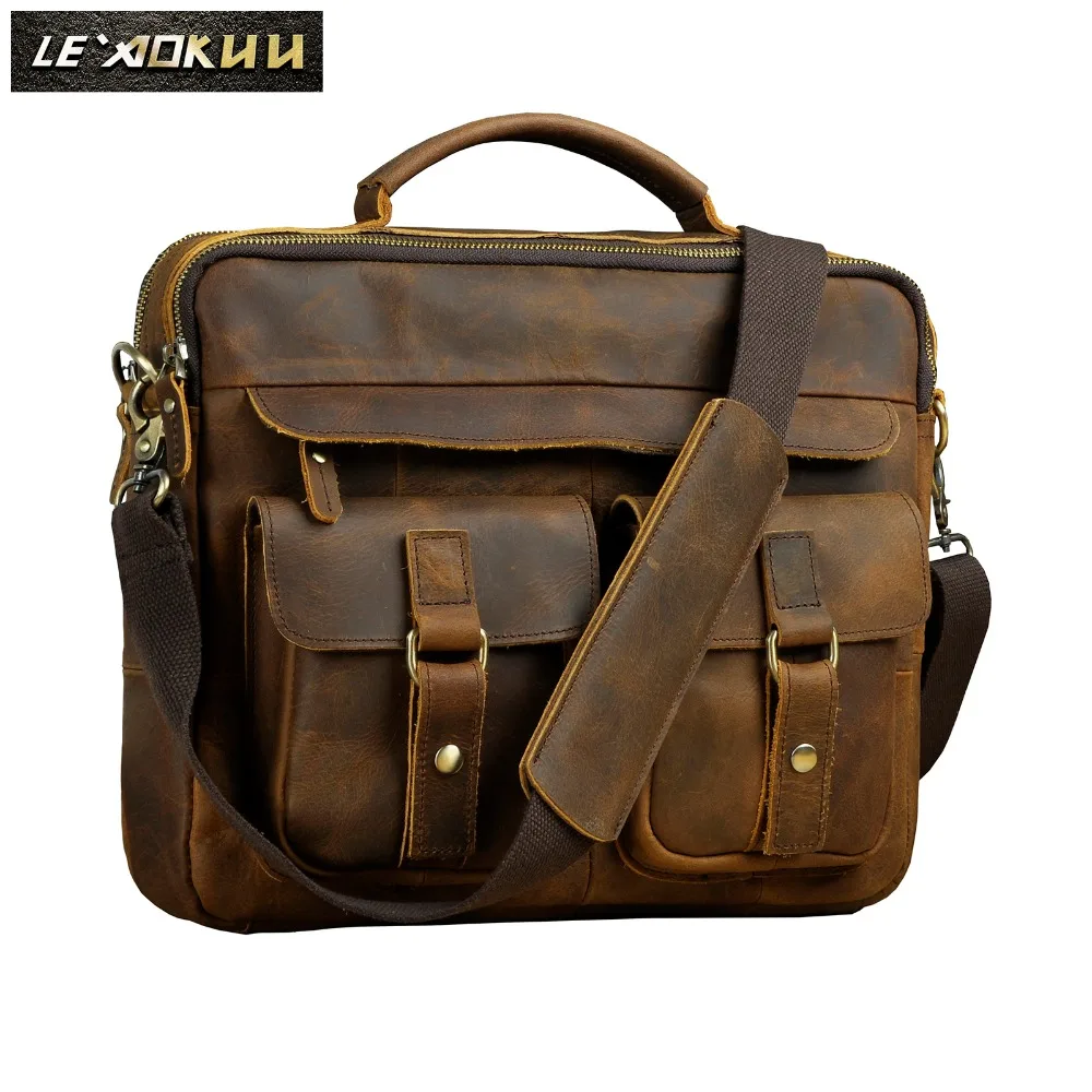 Men Quality Leather Antique Design Business Briefcase 13" Laptop Bag Attache Portfolio Bag Tote  Shoulder Messenger Bag B207-d