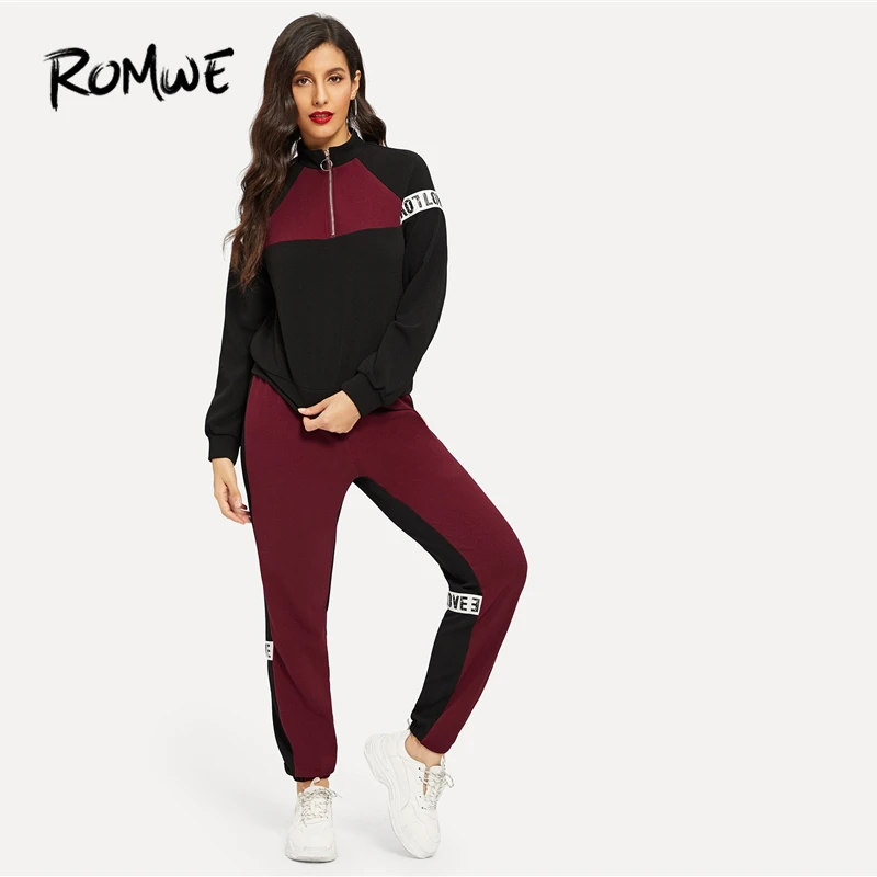 

ROMWE Letter Tape Color-Block Sweatshirt Sweatpants Set 2019 Stand Collar Black Women Cool Long Sleeve Spring Autumn Two Piece