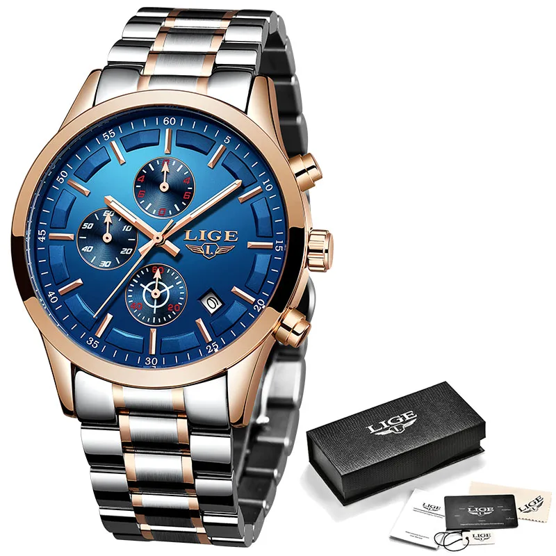 LIGE Топ люксовый бренд часы для мужчин Мода нержавеющая сталь водонепроницаемый хронограф кварцевые часы для мужчин s наручные часы Relogio Masculino - Цвет: Rose gold blue S