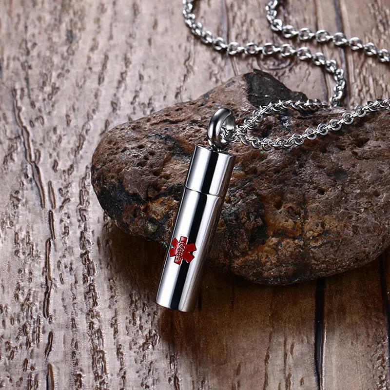 

Men Red Medical Alert Symbol Necklace with Open Cylinder Pendant in Silver Color Stainless Steel Male Female Unisex Jewelry