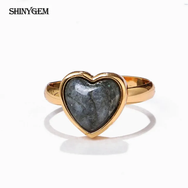 ShinyGem Natural Black Labradorite Stone Ring Big Labradorite Cabochon Fashion Love Ring Adjustable Gold Wedding Rings For Women