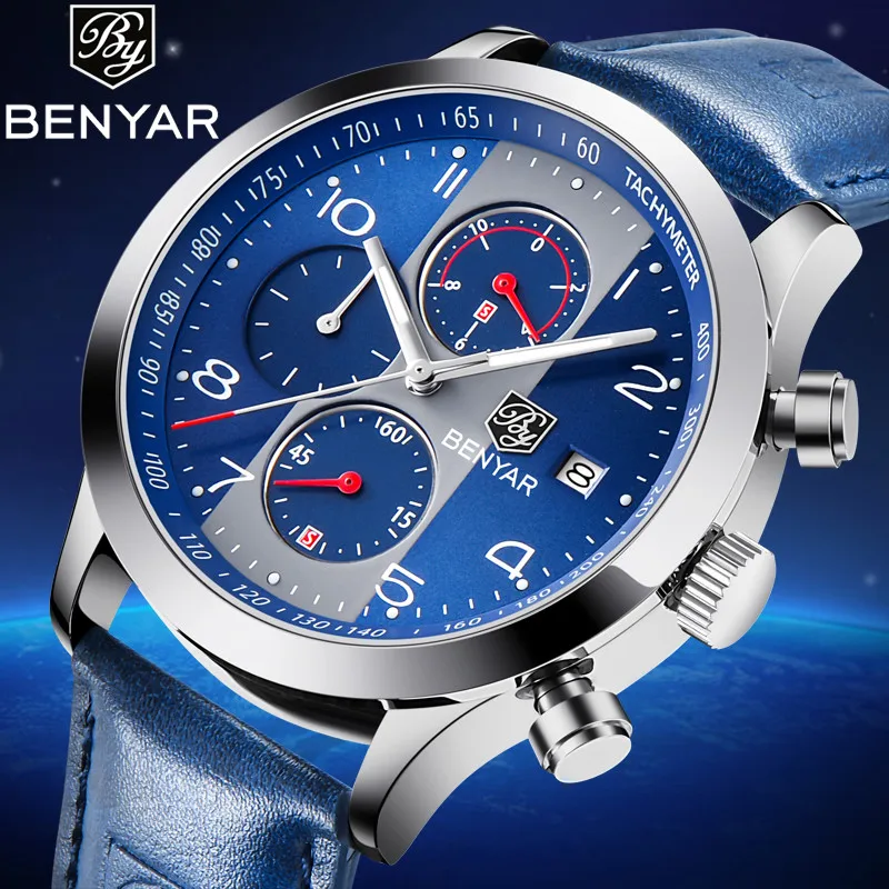 

BENYAR Waterproof Sport Top Brand Luxury Quartz Watch Men Fashion Leather Blue Strap Chronograph Silver blue Dial reloj hombre