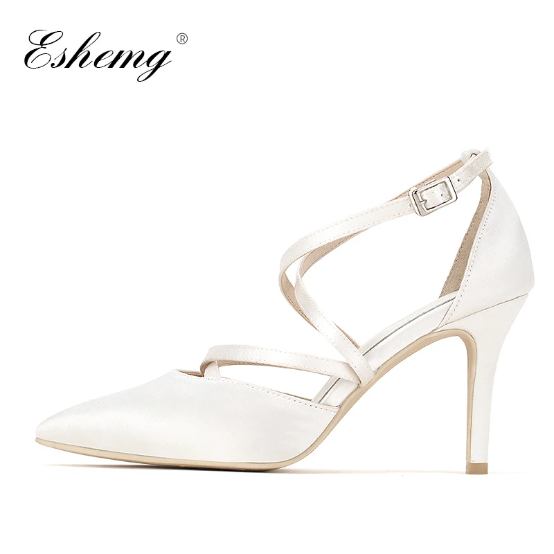 

Eshemg 2019 Bridal Wedding Shoes Bukle White Womens Pumps Shoes Women Ladies Party Shoes