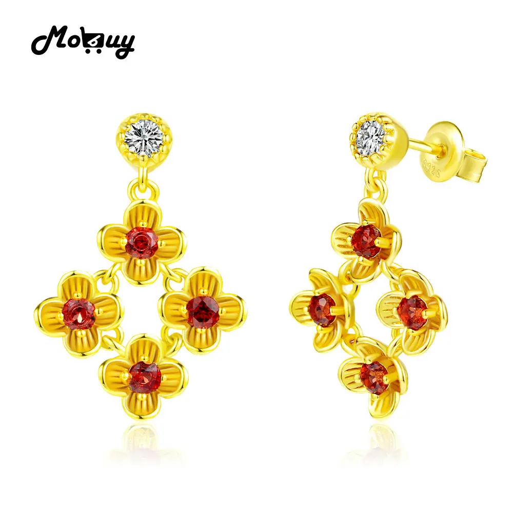 

MoBuy MBEI018 Red Flower Gemstone Garnet Wedding Drop/Dangle Earrings 925 Sterling-Silver-Jewelry Yellow Gold Plated For Women