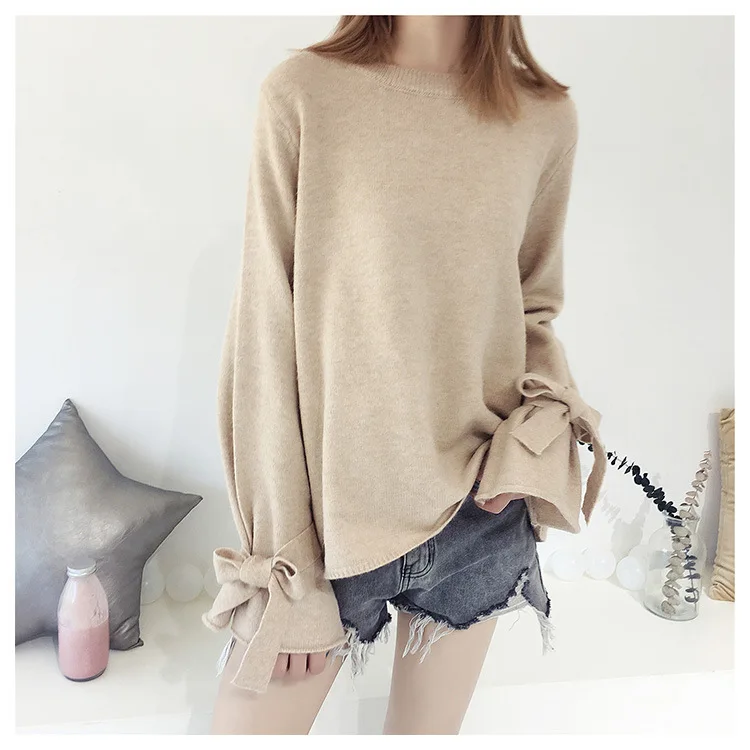 HSA 2018 Women Korean Fashion Pull Sweaters Oneck Flare Sleeve Knitwear Irregular Loose Jumpers Bow Cute Solid Pullover Tops