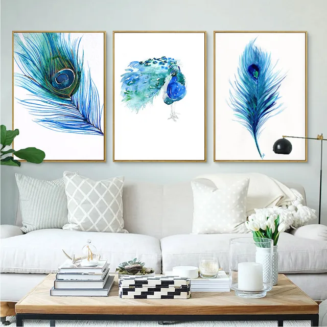 pas de cadre 3 panneau paon plume affiche scandinave toile peinture