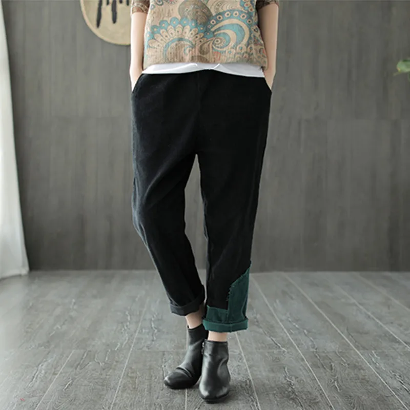 

Johnature Corduroy Loose Patchwork Harajuku Hit Color Full Length Women Pants 2019 New Winter Elastic Waist Straight Pants