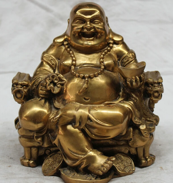 

JP S62 7" Chinese Brass Seat Dragon Chair Happy Laugh Maitreya Buddha Moneybag Statue (B0328)