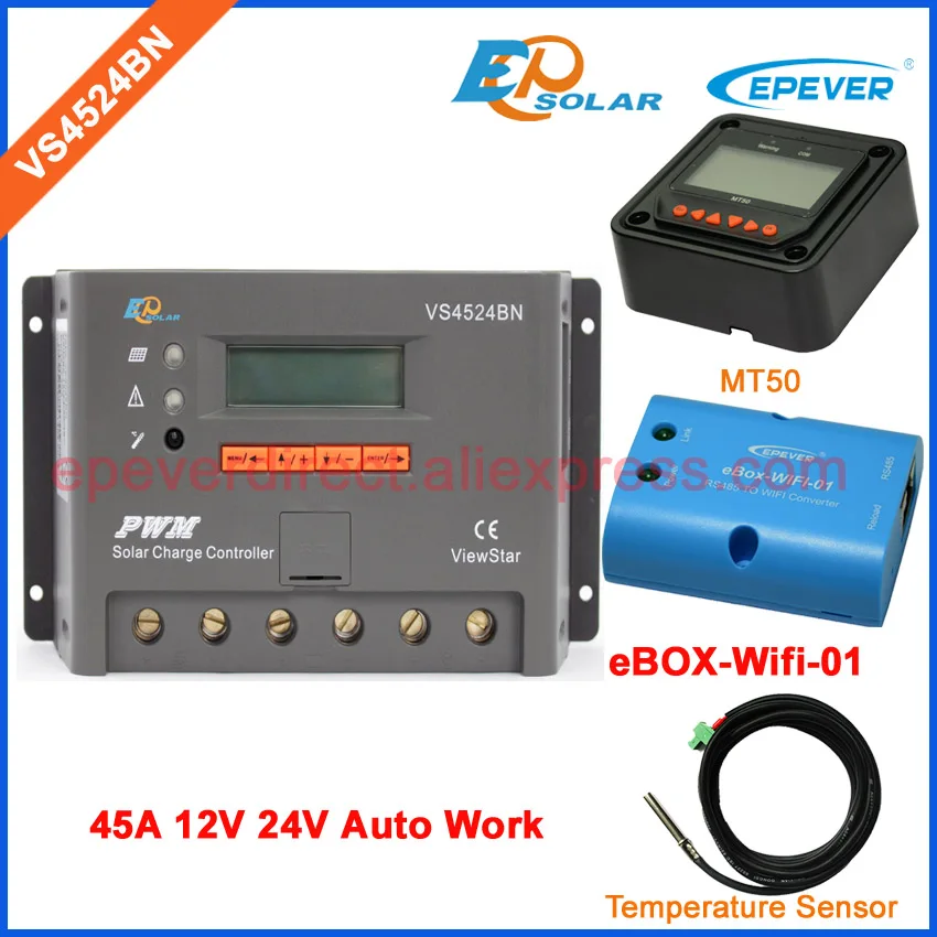

PWM lcd display regulator 12v 24v auto work VS4524BN wifi BOX meter MT50 and temperature sensor 45A 45amp solar controller