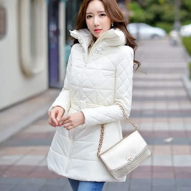Cheap Original 2016 Brand Winter Warm Down Jacket Plus Size Slim Waist Elegant Stand Collar Long White Plaid Parka with Belt Wholesale