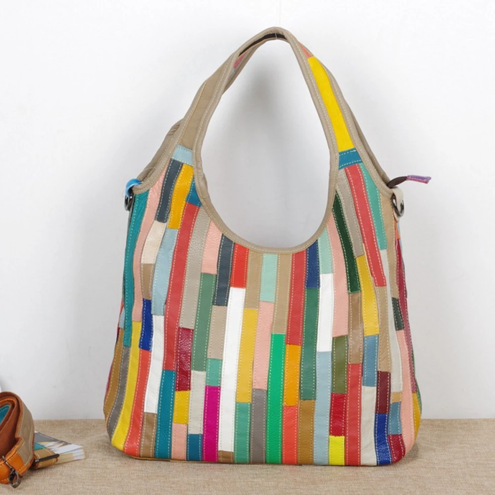 

Hand Make Genuine Leather Women Handbags Color Patchwork Pattern Shoulder Bags Outdoor Travel Lady Messenger Bag Fashion Satchel
