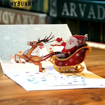 

FUNNYBUNNY 3D Pop Up Santa Claus Reindeer Sled New Year Greeting Card Christmas Postcard
