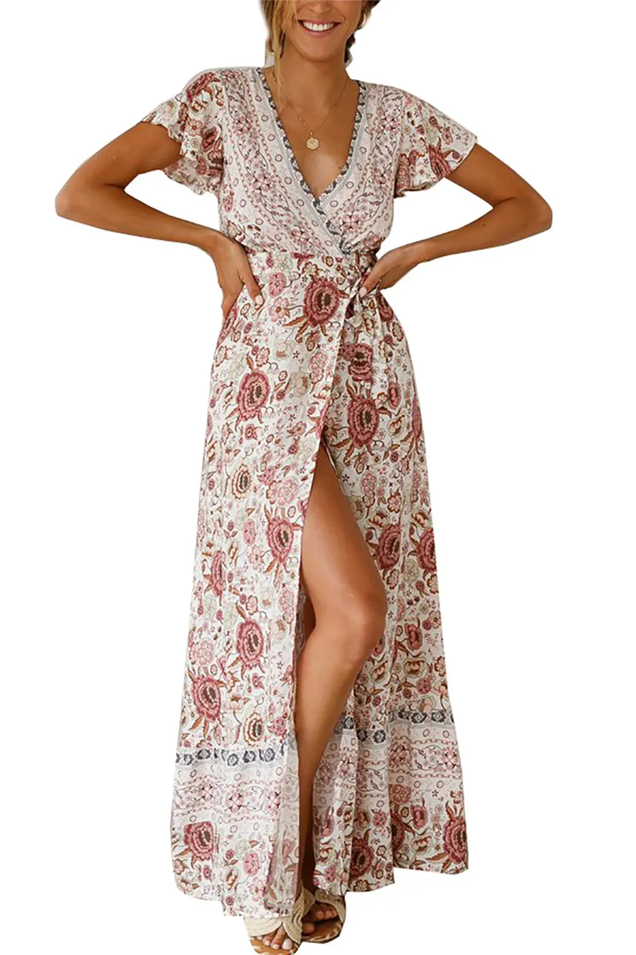 Gladiolus Bohemian Women Summer Dress Short Sleeve V Neck Floral Print Belt Tunic Split Sexy Beach Dresses Women 2019 Maxi Dress (40)