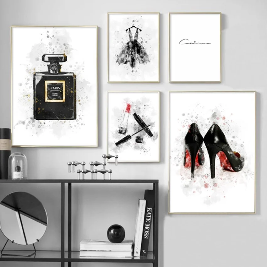 

Paris Perfume High Heels Lipstick Dress Makeups Wall Art Canvas Painting Posters And Prints Wall Pictures For Living Room Decor