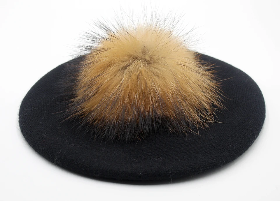 Women Beret Wool Hat Winter Knitted Wool Berets Real Fur Pompom Hats Beanies Female Top Quality Beret Cap (9)