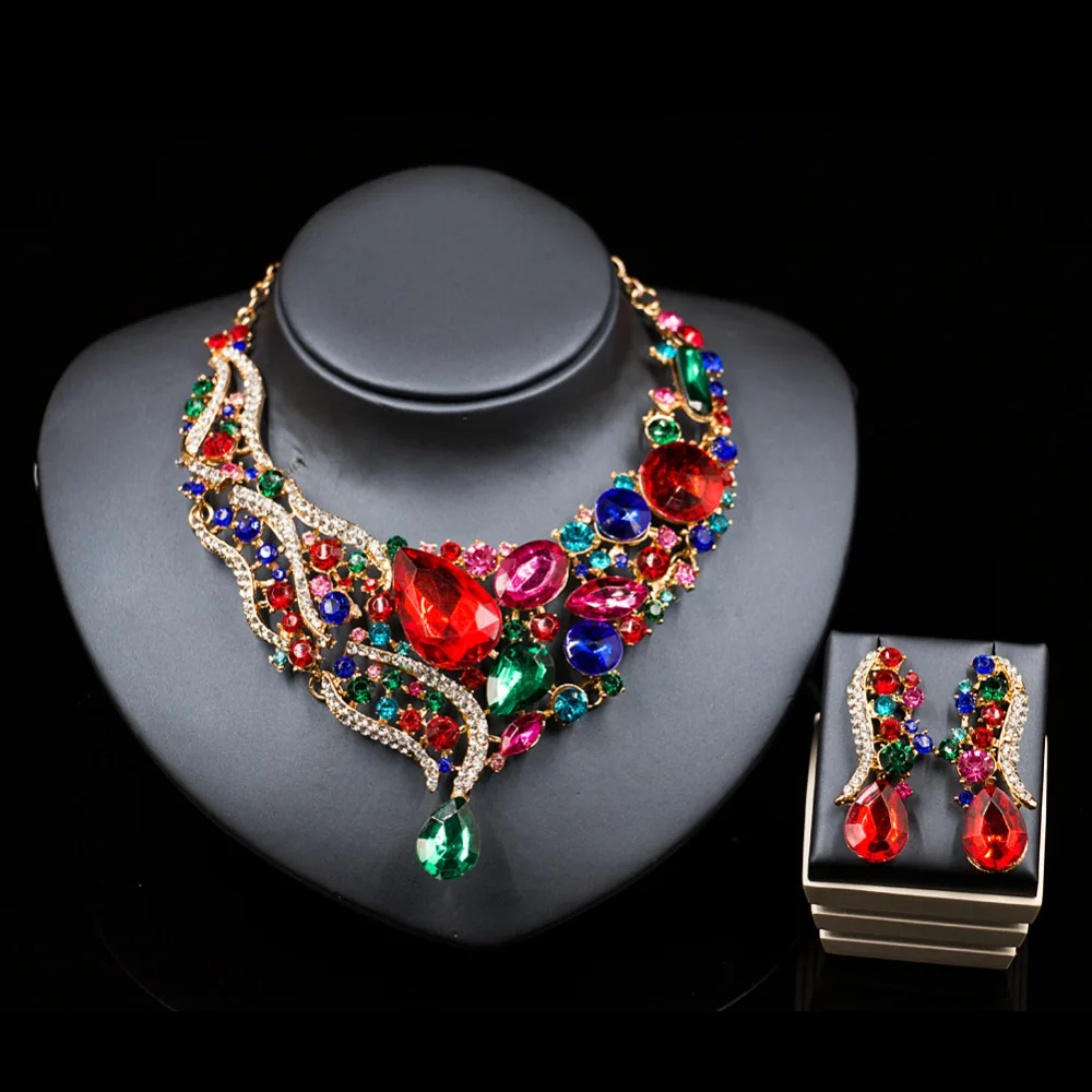 XT QU Colorful jewelry set fashion necklace and drop earring evening party dress accessories