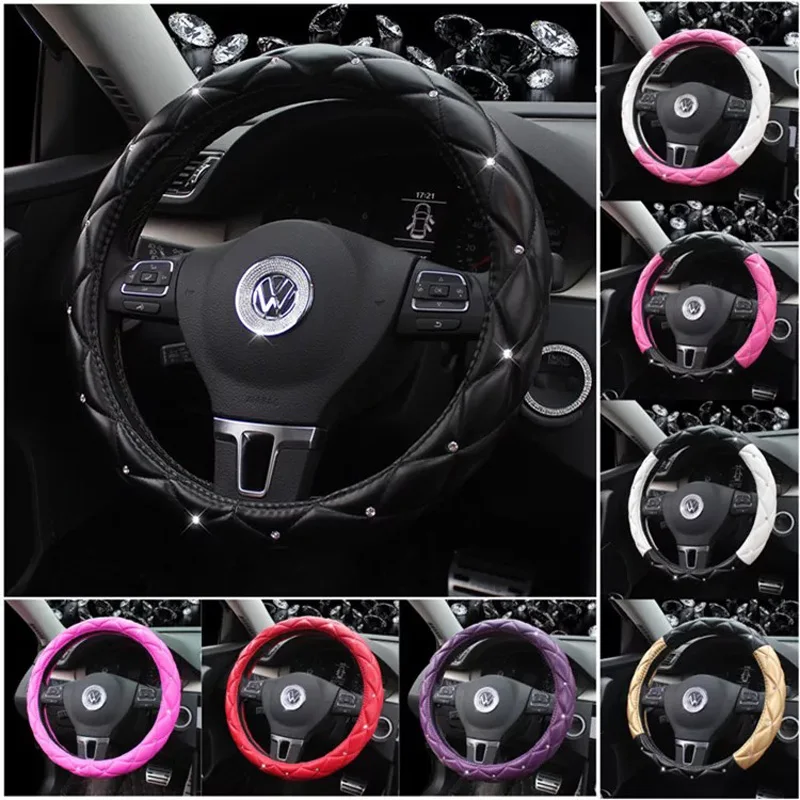 MUNIUREN Crystal Leather Car Steering Wheel Covers Women Fashion