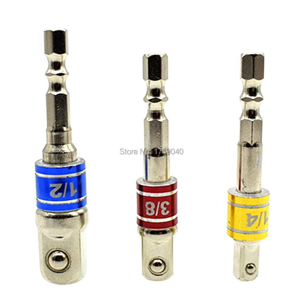 

Socket Bit Adapter 3pc Set 1/4" Hex Shank to 1/4" 3/8" 1/2" Impact Drill BIts Square Driver Power Extension Bar Drill Nut Driver