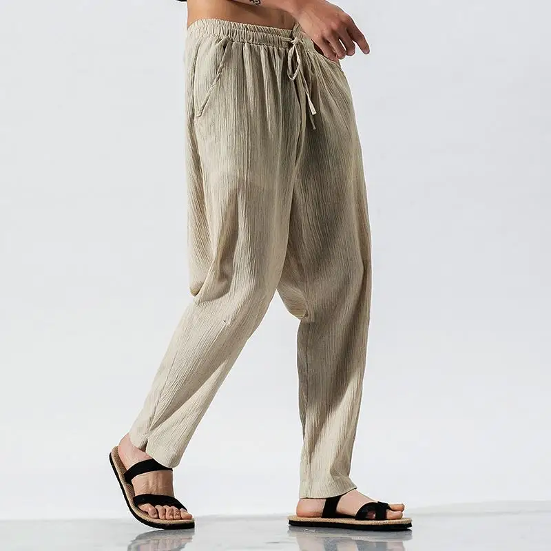 Мужские штаны-шаровары размера плюс, Мужская льняная традиционная китайская одежда, уличная одежда в стиле хип-хоп, рабочая одежда, брюки Tai Chi, 5XL - Цвет: Apricot Linen Pants