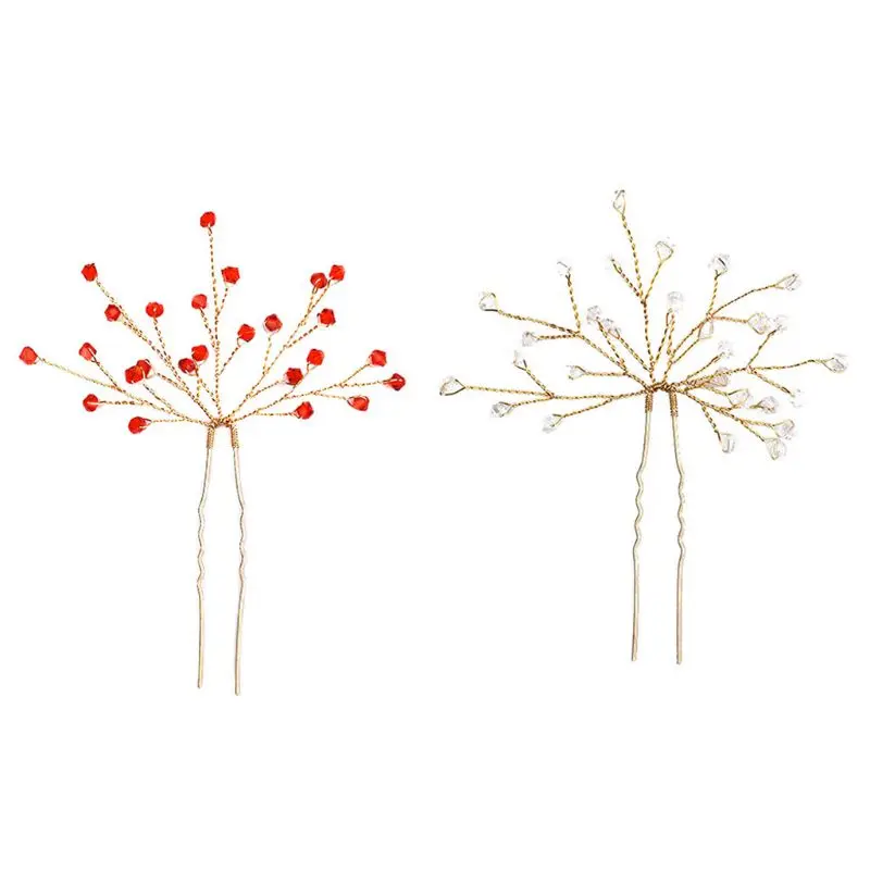 

Bride Hairpins Red Crystal Wedding Bridal Headwear Handmade Tiara Luxury Fashion