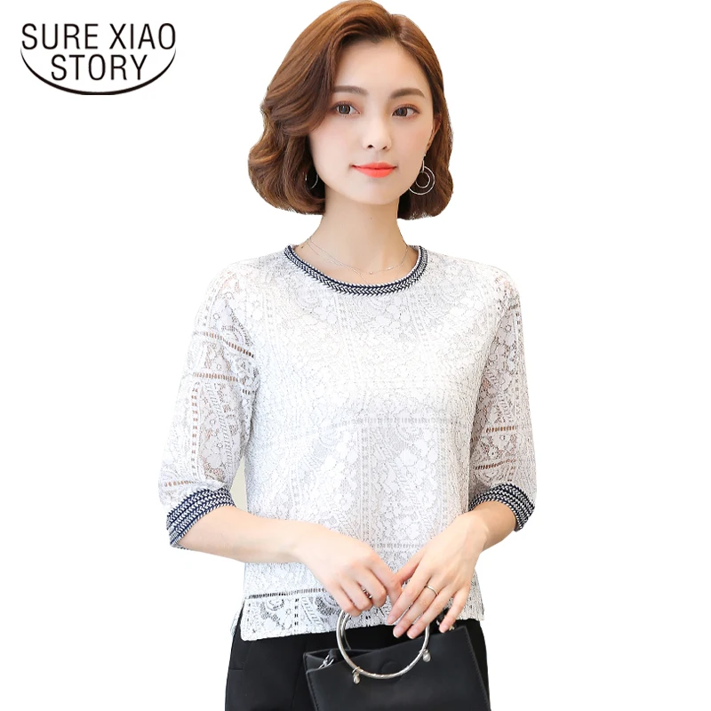 

2019 summer O- neck plus size NEW fashion lace women shirt solid casual loose hollow embossed women blouse top blusas 168A 30